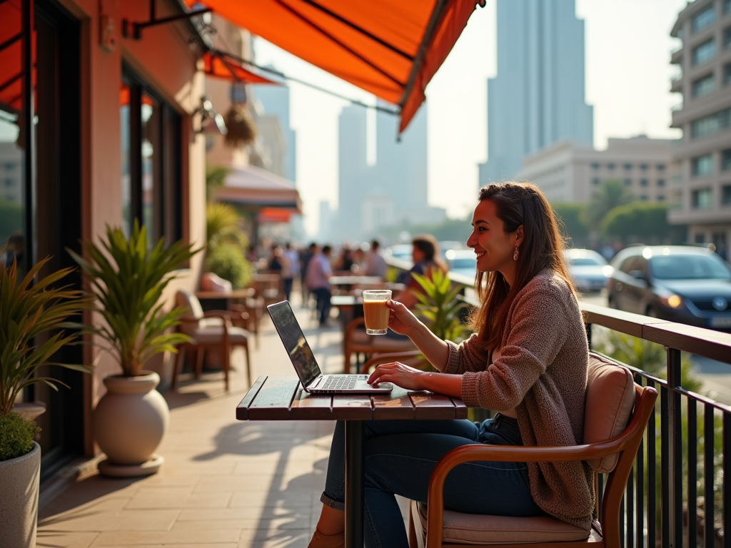 A woman enjoys coffee while working on her laptop at a café terrace, surrounded by city life and greenery.