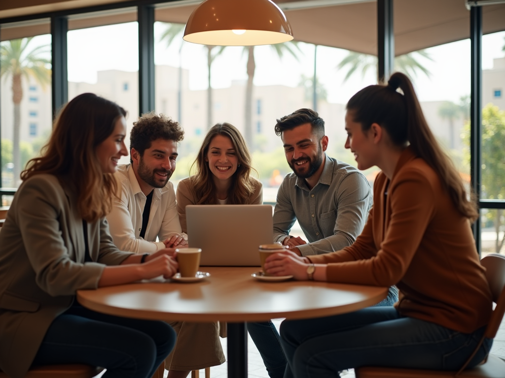 Five colleagues smiling around a table with laptop in a well-lit cafe.