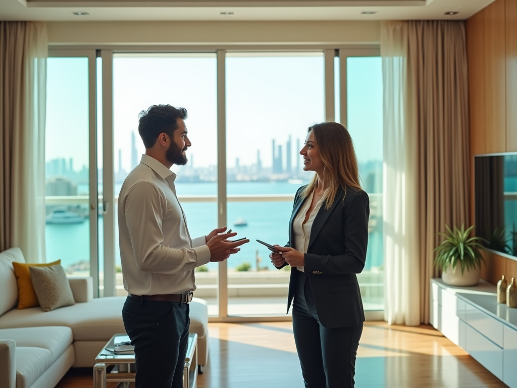 Two professionals conversing in a modern office with a scenic city and waterfront view through large windows.