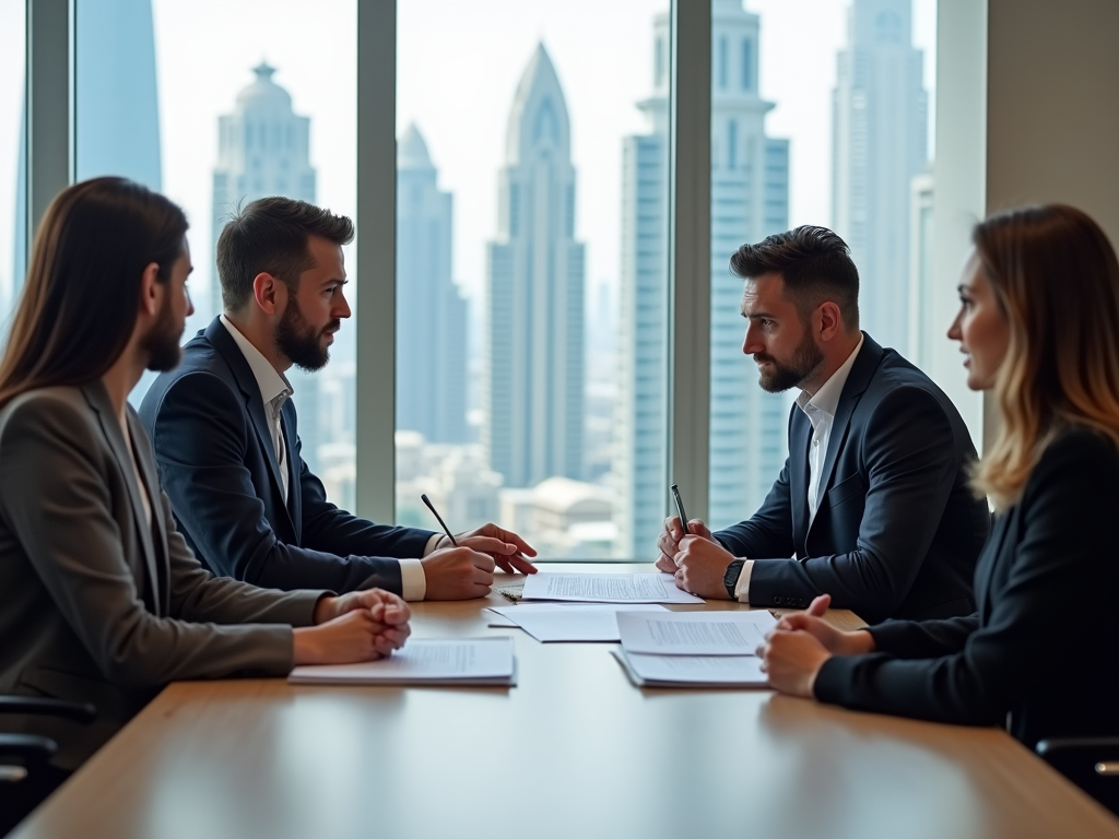 Four business professionals in a meeting with cityscape in the background.