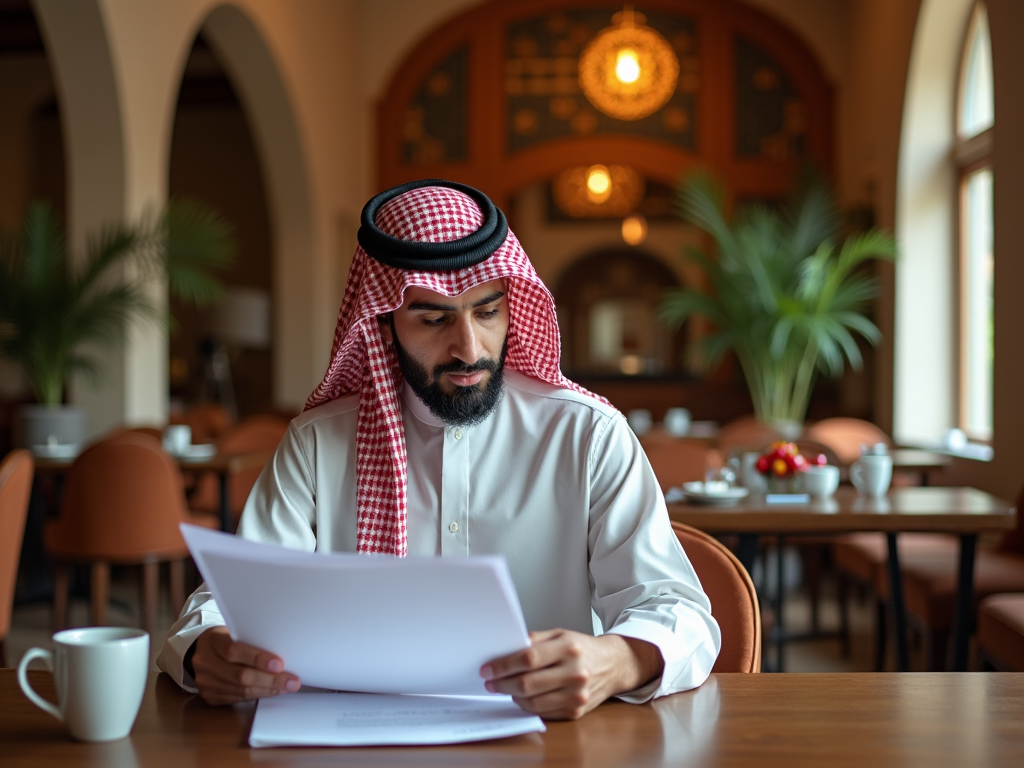 Arab man in traditional attire reading documents at a cafe table, with a cup of coffee.