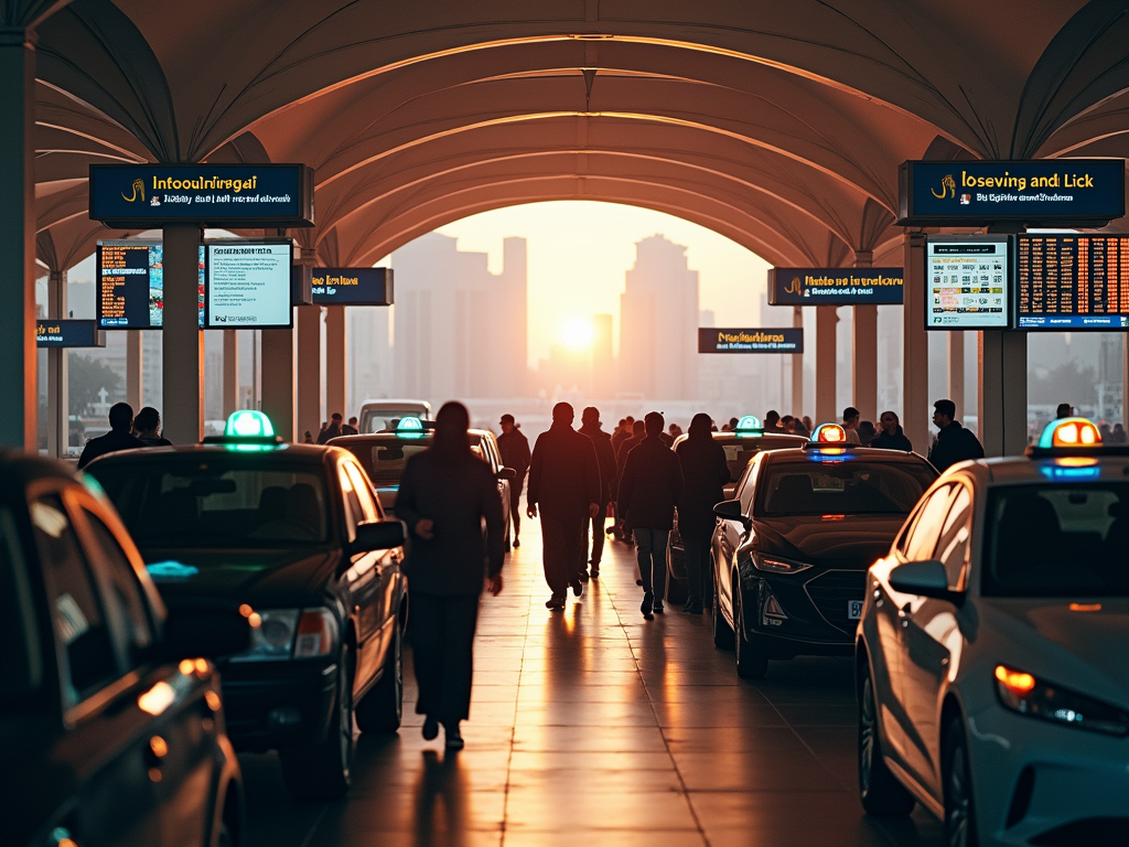 Sunset at a bustling taxi stand with people and vehicles under arched terminal roof.