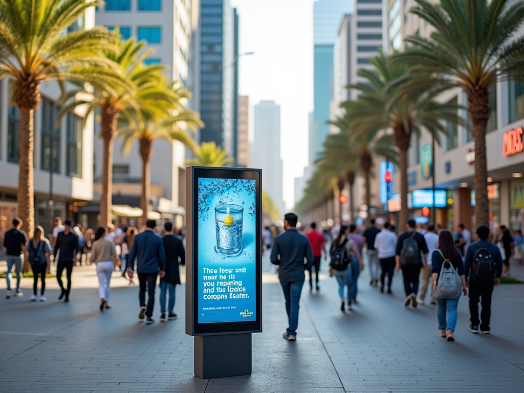 A busy urban street with people walking past a digital sign advertising a drink promotion. Palm trees line the walkway.