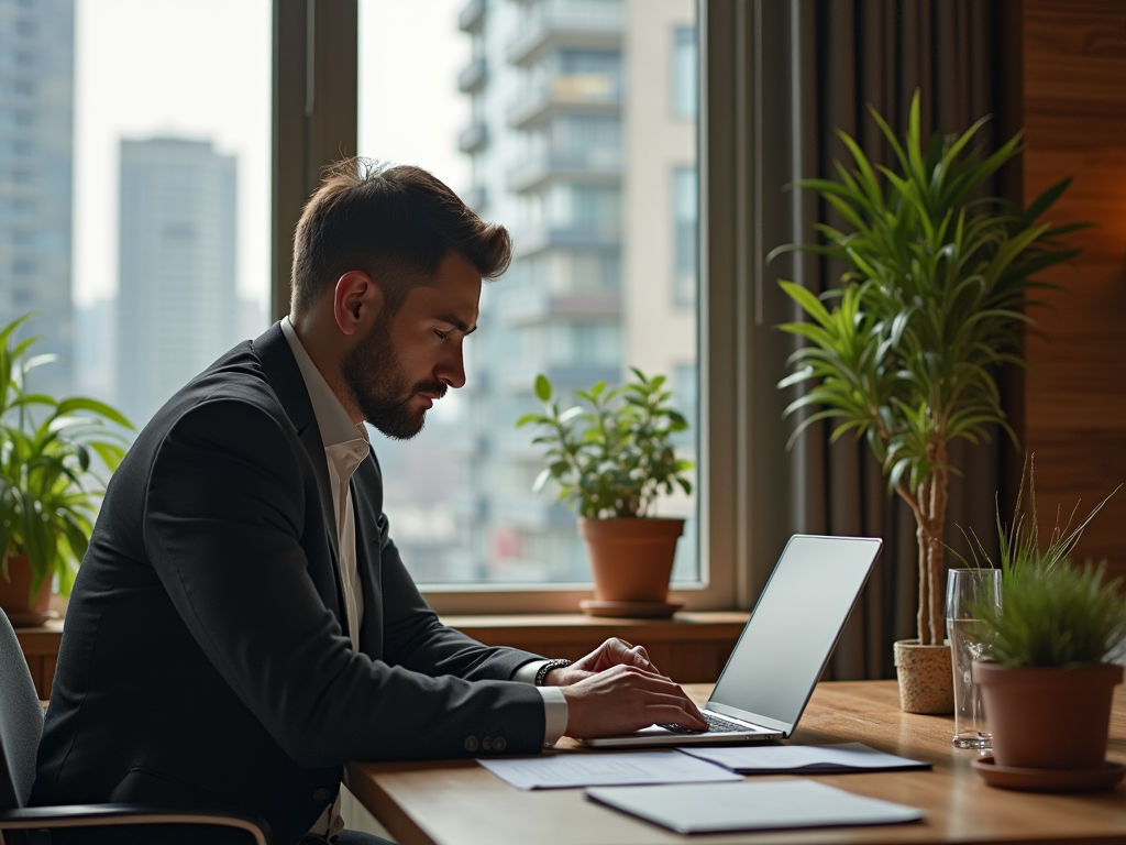 Man in a suit working on a laptop at a window-side table, surrounded by plants, in a city-view office.