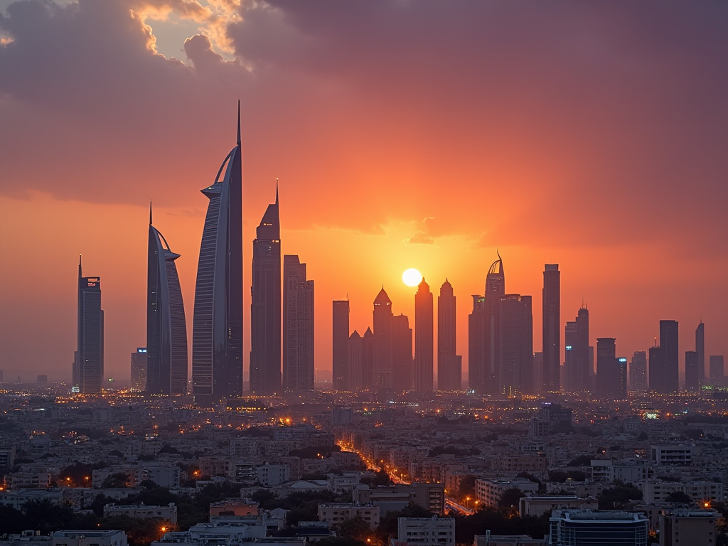 Sunset over Dubai skyline showing iconic skyscrapers with orange sky.