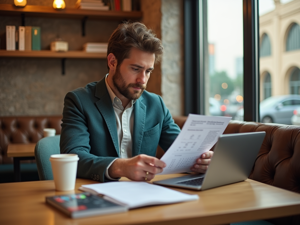 Man in suit reviewing documents with laptop in a cozy cafe setting.