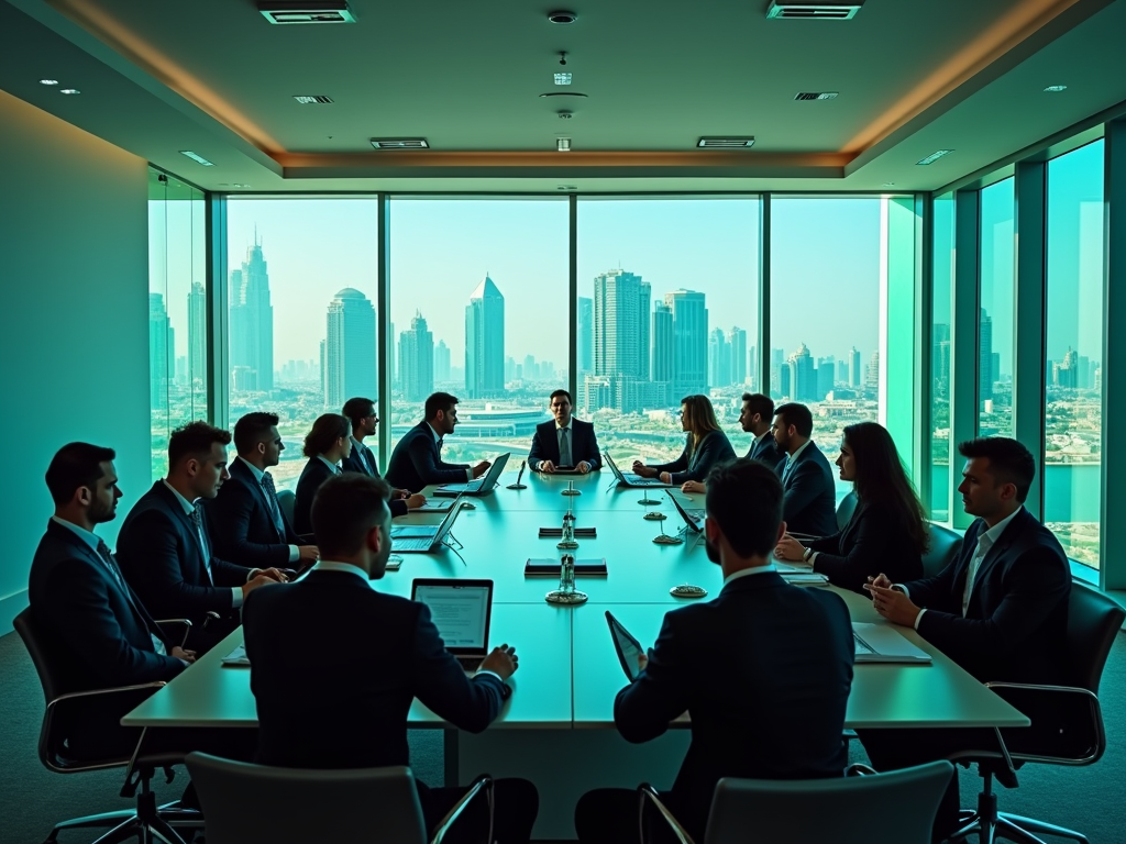 A business meeting in a modern conference room with a city skyline view, featuring a group of professionals.