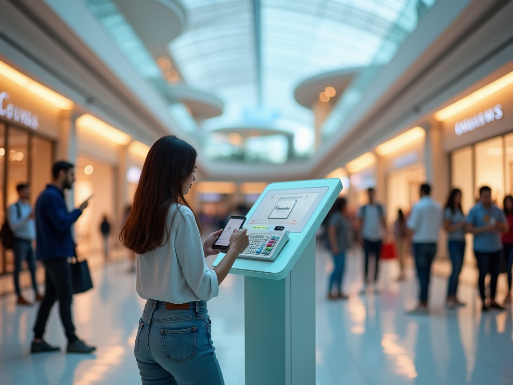 Woman using a digital kiosk in a busy shopping mall while holding a smartphone.