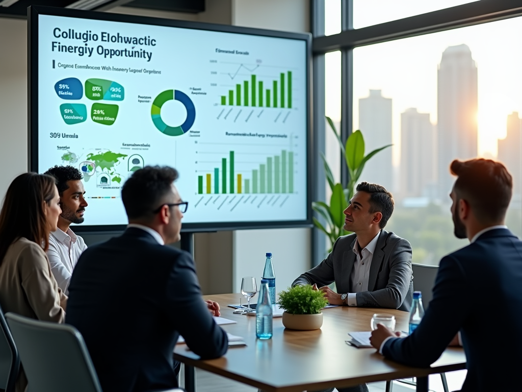 A business meeting with a presentation on financial growth and energy opportunities displayed on a large screen.