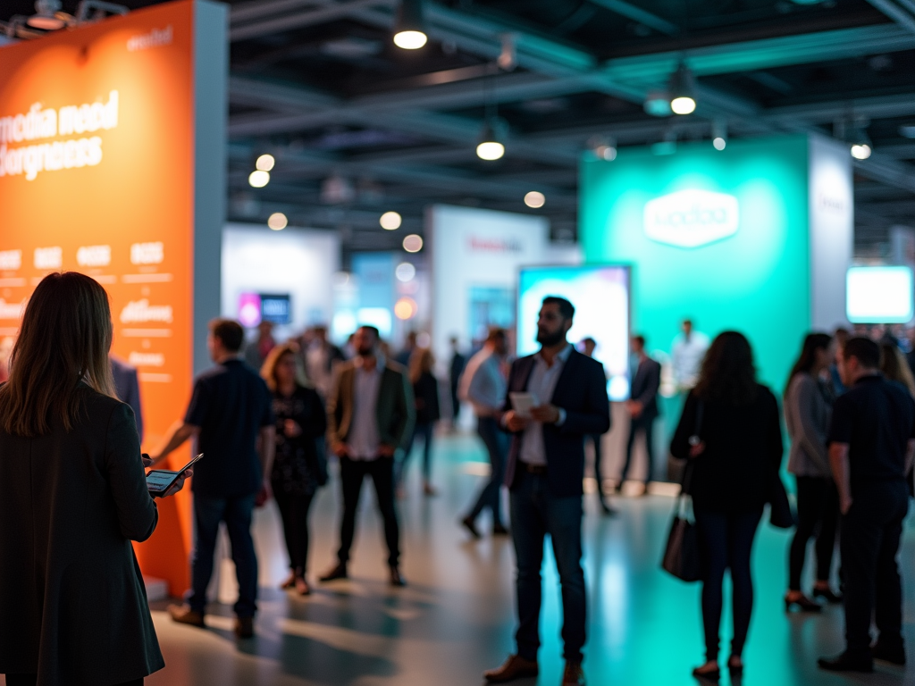 People networking at a busy conference with colorful booths displaying slogans.