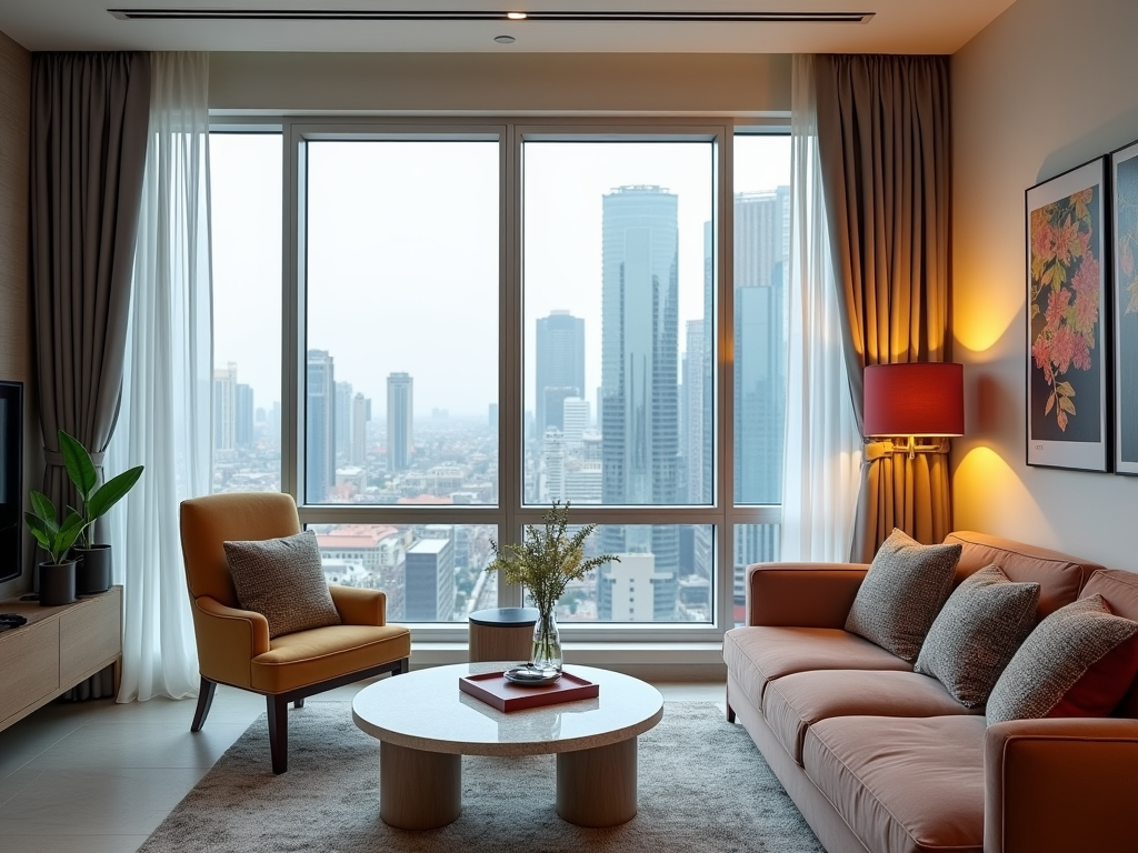 A modern living room with a city view, featuring a cozy sofa, a coffee table, and decorative plants.