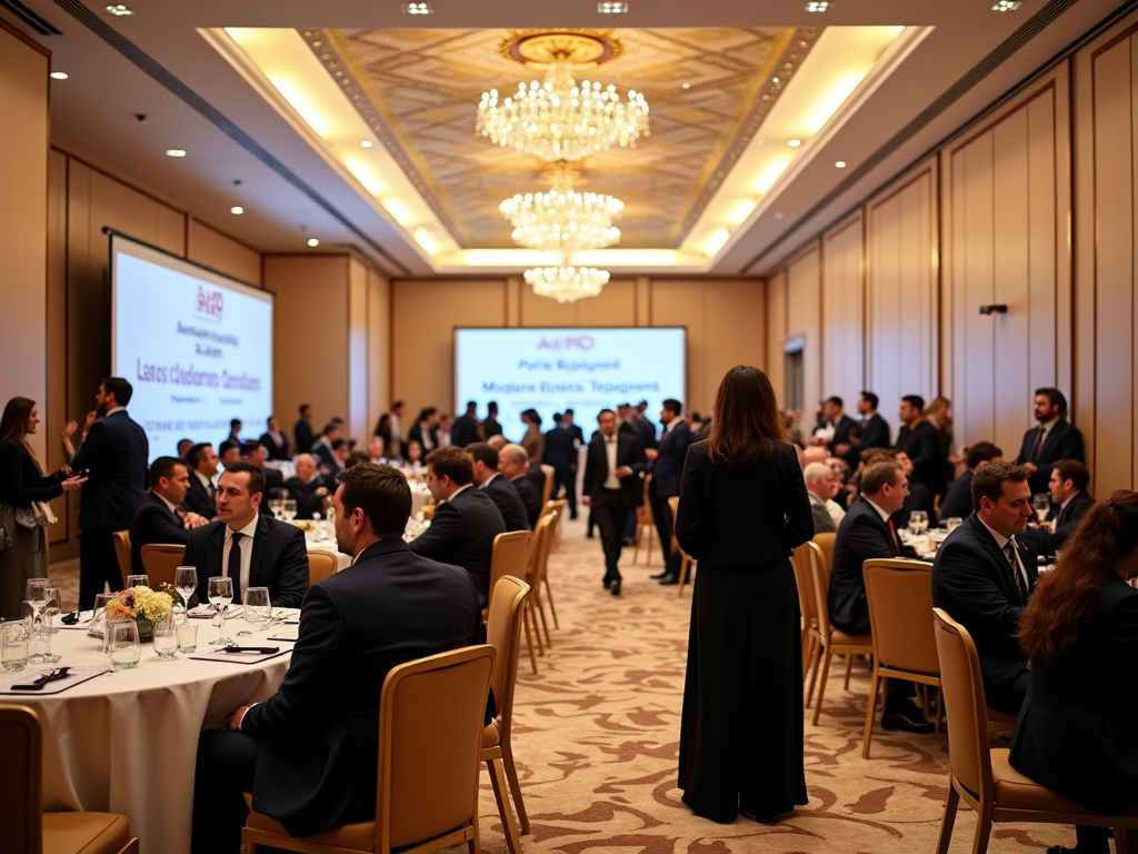 People networking at a business conference in an elegant hall with chandeliers and presentations.