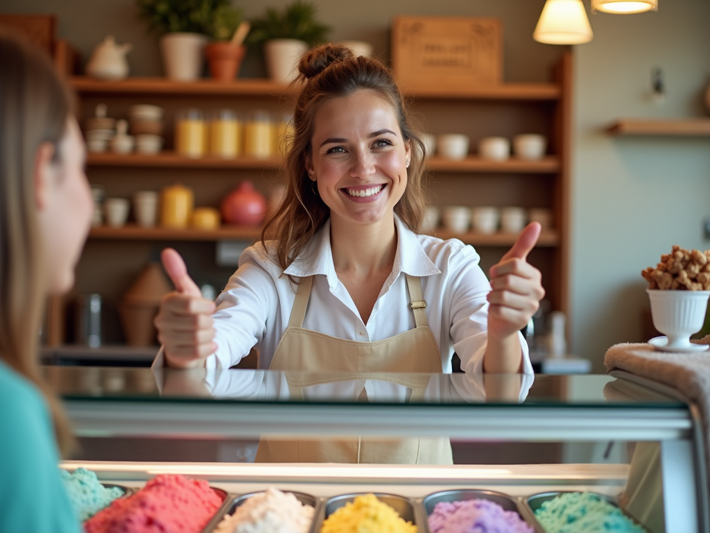 A cheerful woman at an ice cream shop gives a thumbs up to a customer, with colorful ice cream displayed in front.