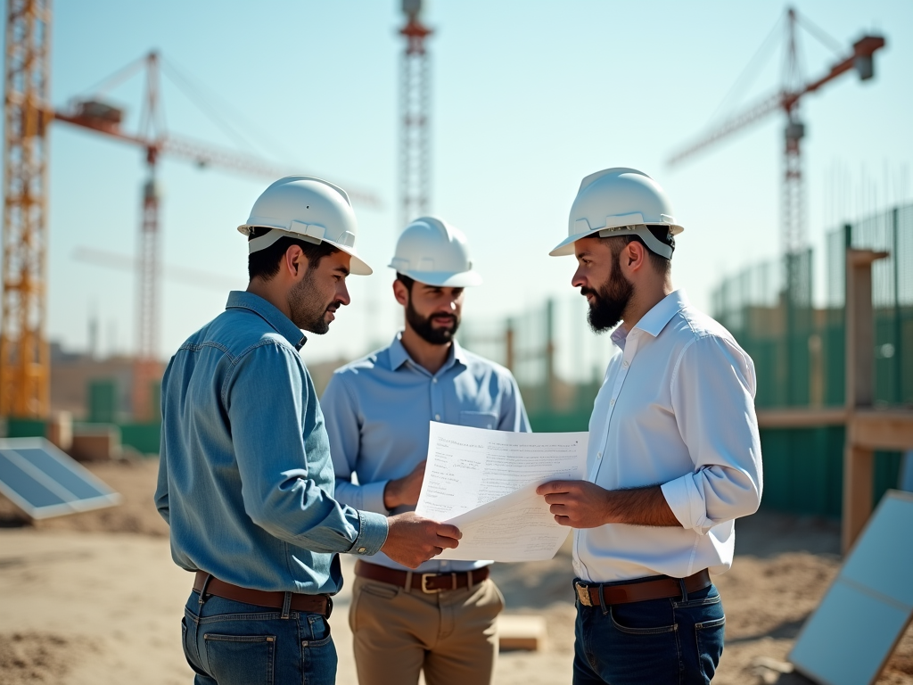 Three construction workers in hard hats discuss blueprints at a construction site with cranes in the background.