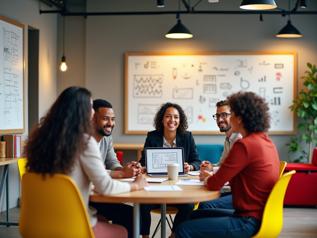 Diverse group of colleagues discussing work in a creative office setting.