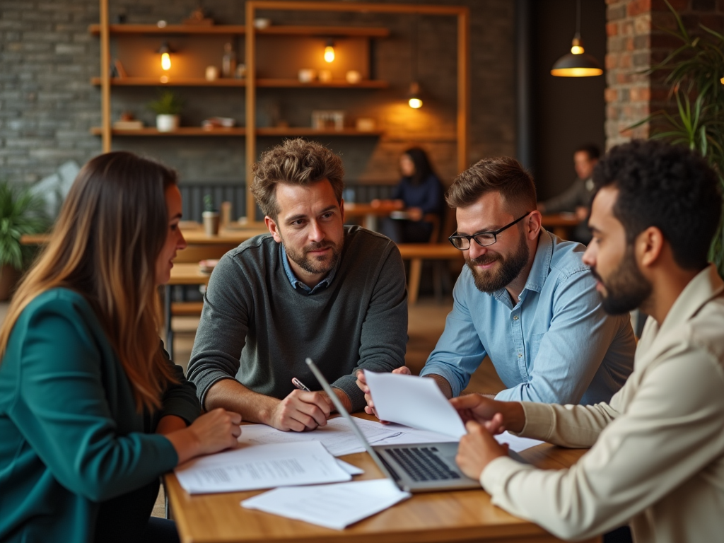 Four professionals discussing documents at a wooden table in a modern office café.