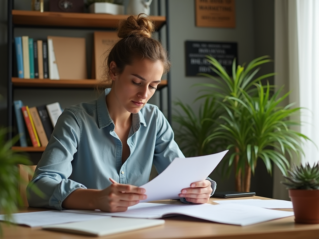 Young woman reading a document in a well-organized home office, with plants and books around.