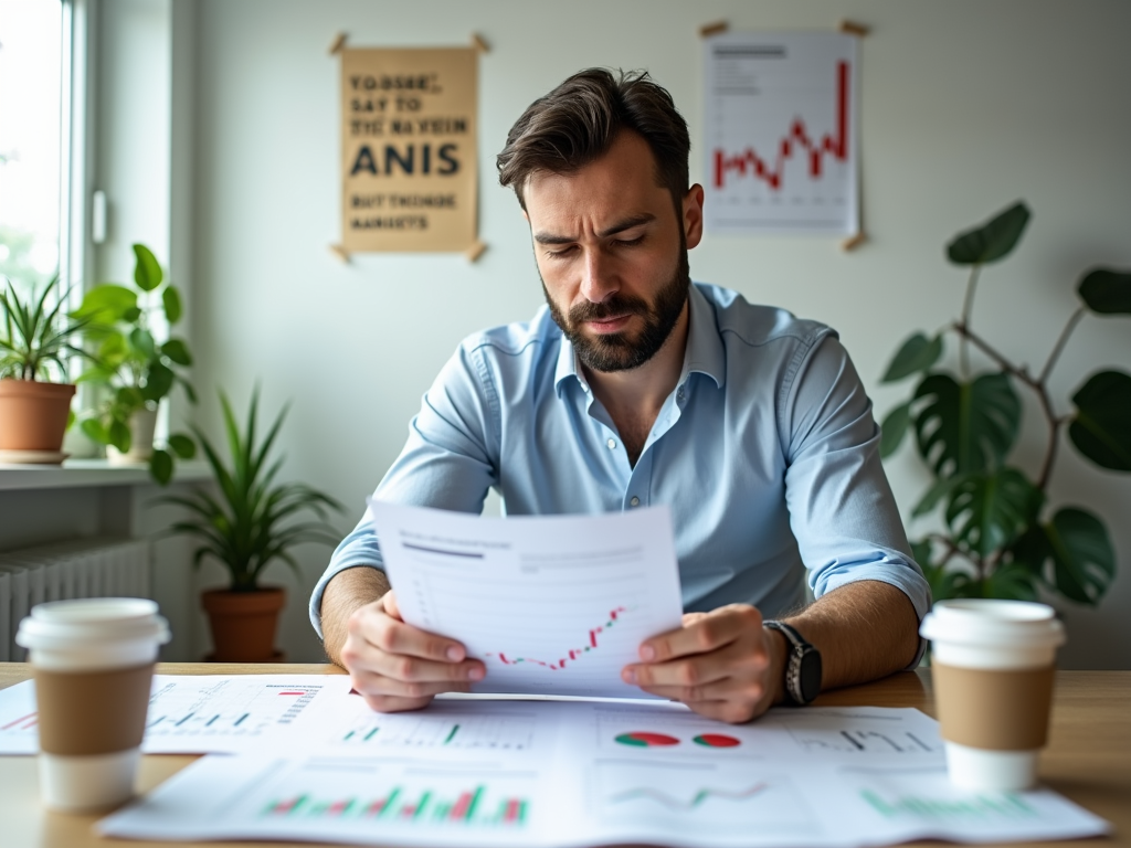 Man in office analyzing financial documents, charts on desk, indoor plants in background.