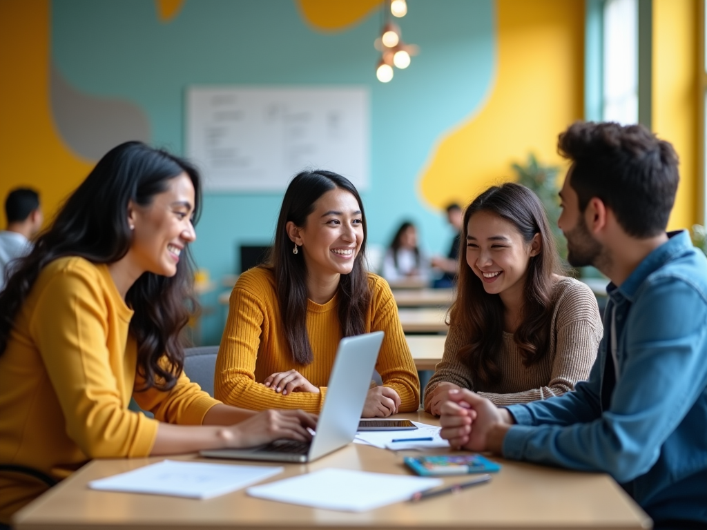 Four colleagues smiling and chatting around a laptop in a bright office.