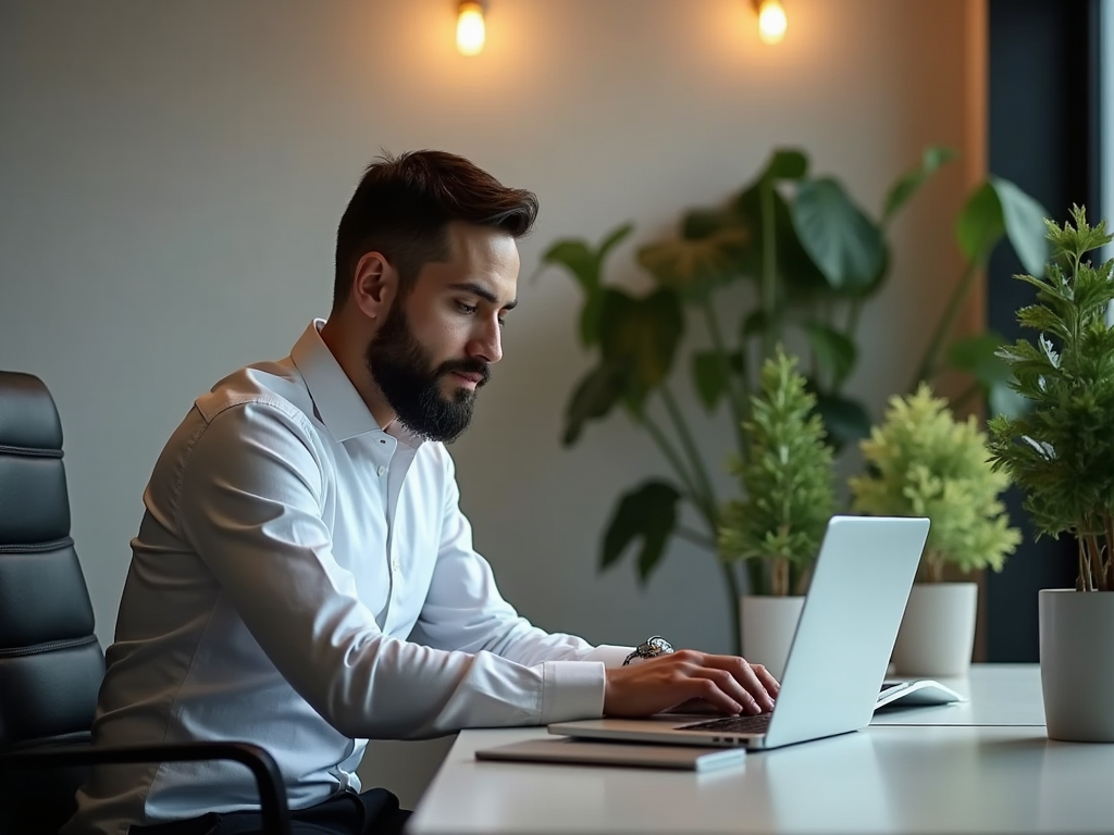 Man with beard working on a laptop in a modern office setting with green plants.