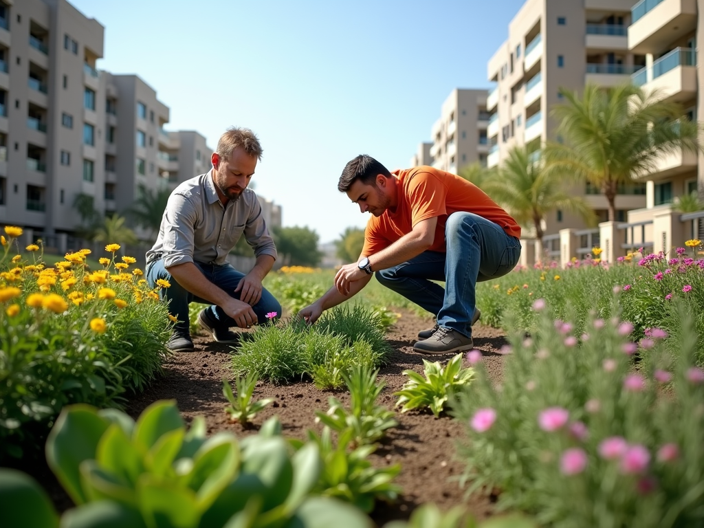 Two men are gardening in a lush flower bed, surrounded by buildings and palm trees, on a sunny day.