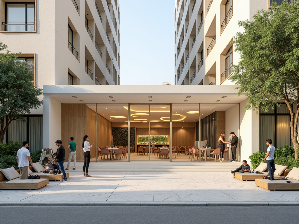 A modern building entrance with people socializing outside and a stylish interior visible through large glass doors.