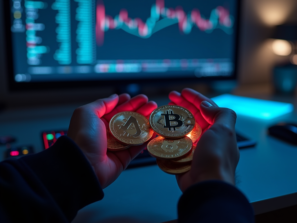 A person's hands hold glowing cryptocurrency coins in front of a computer displaying a trading chart.