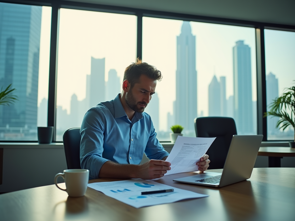 Man reviews documents at a desk with a laptop, coffee, and cityscape through large windows.