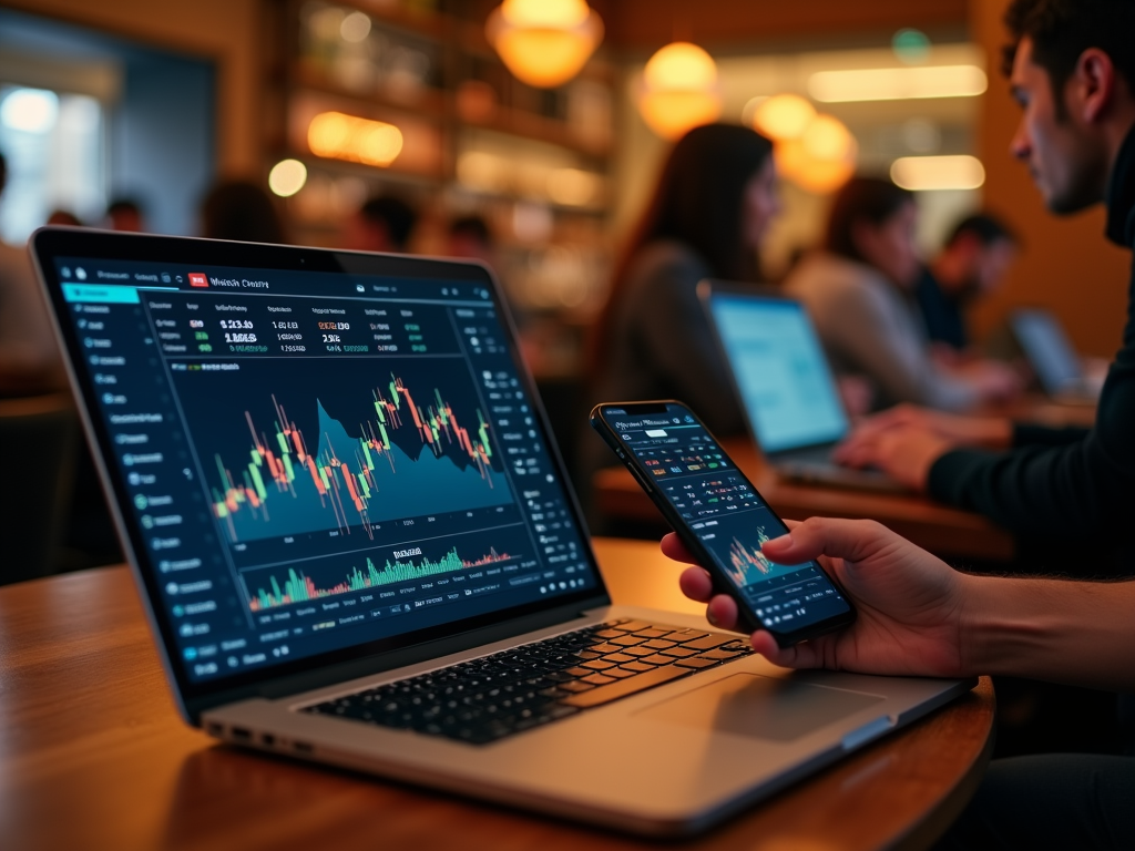 Close-up of stock market charts on laptop and phone in a busy café setting.