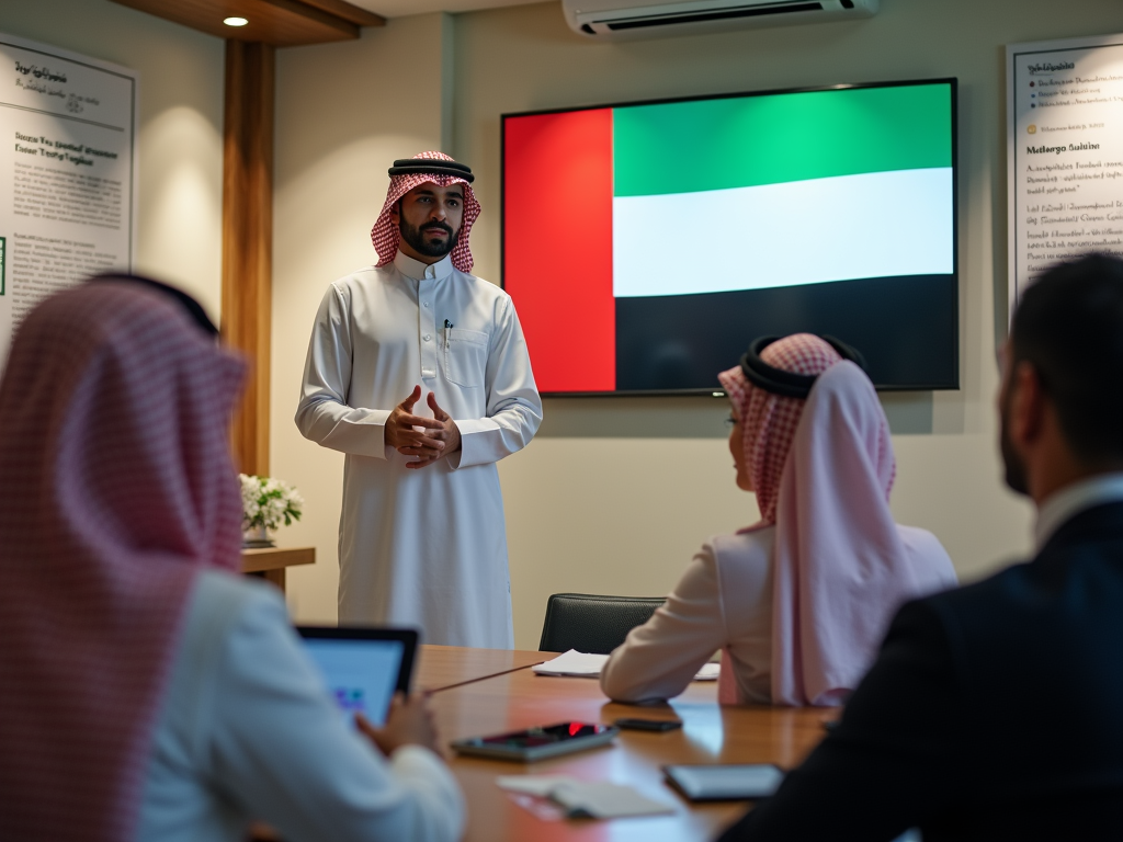 A man in traditional attire presents to an audience in a meeting room with the UAE flag displayed on a screen.