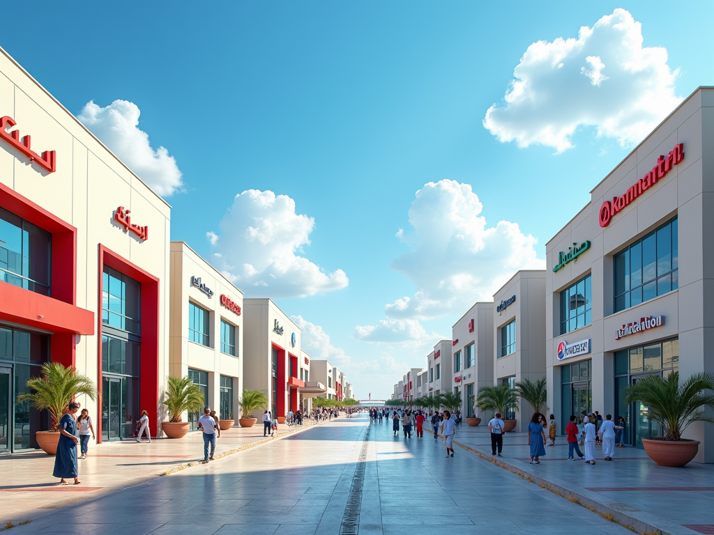 People walking along a sunny promenade lined with modern shops under a blue sky with fluffy clouds.