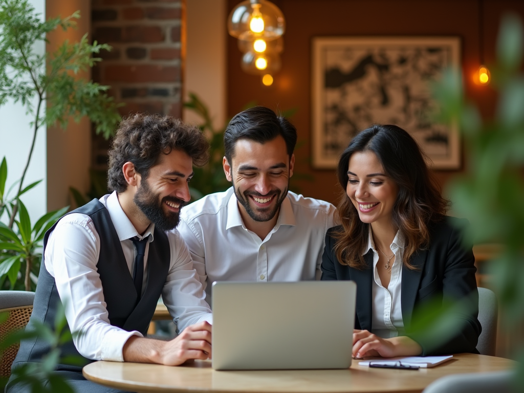 Two men and a woman laugh together while looking at a laptop in a cozy cafe setting.