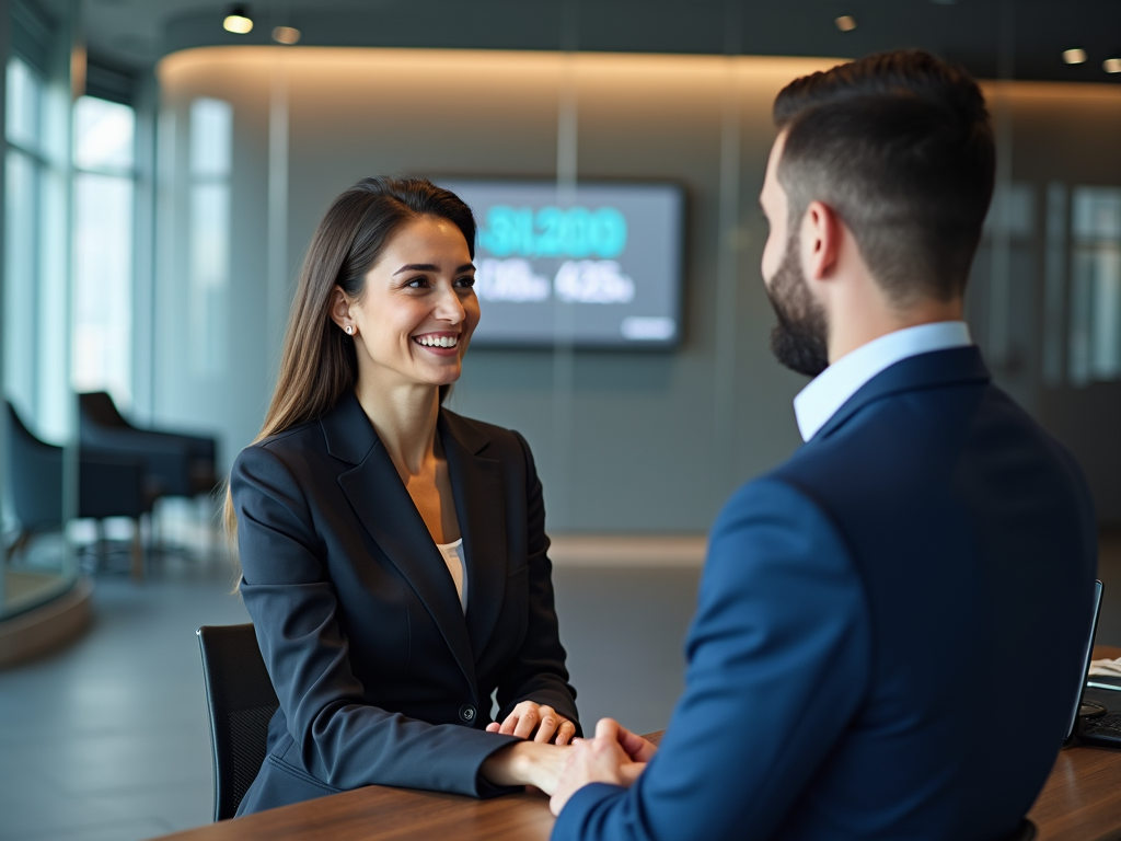 Businesswoman smiling at colleague in a modern office setting.