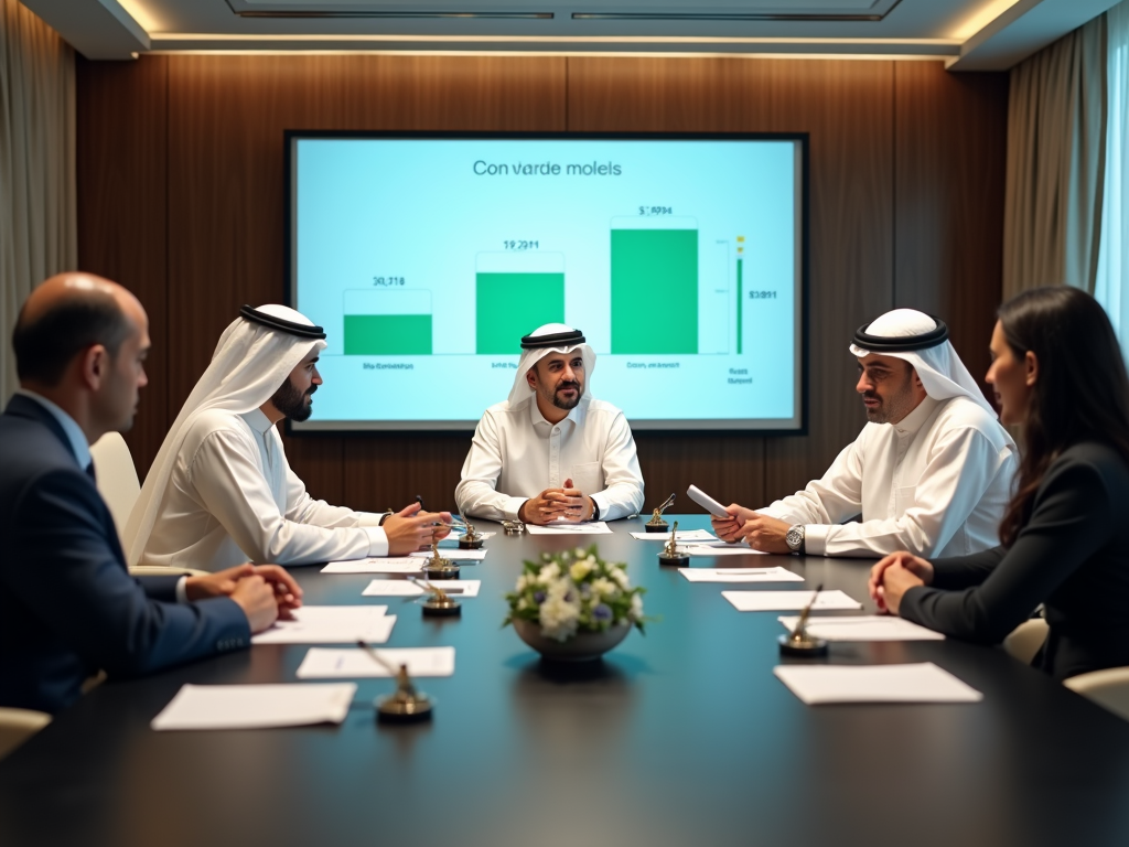 Business professionals in a meeting, with a presentation in the background showing financial data.