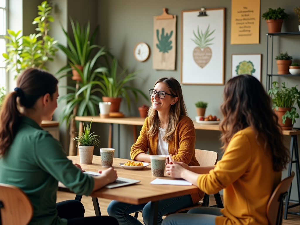 Three women sit at a table in a bright room filled with plants, engaging in a cheerful conversation while enjoying snacks.