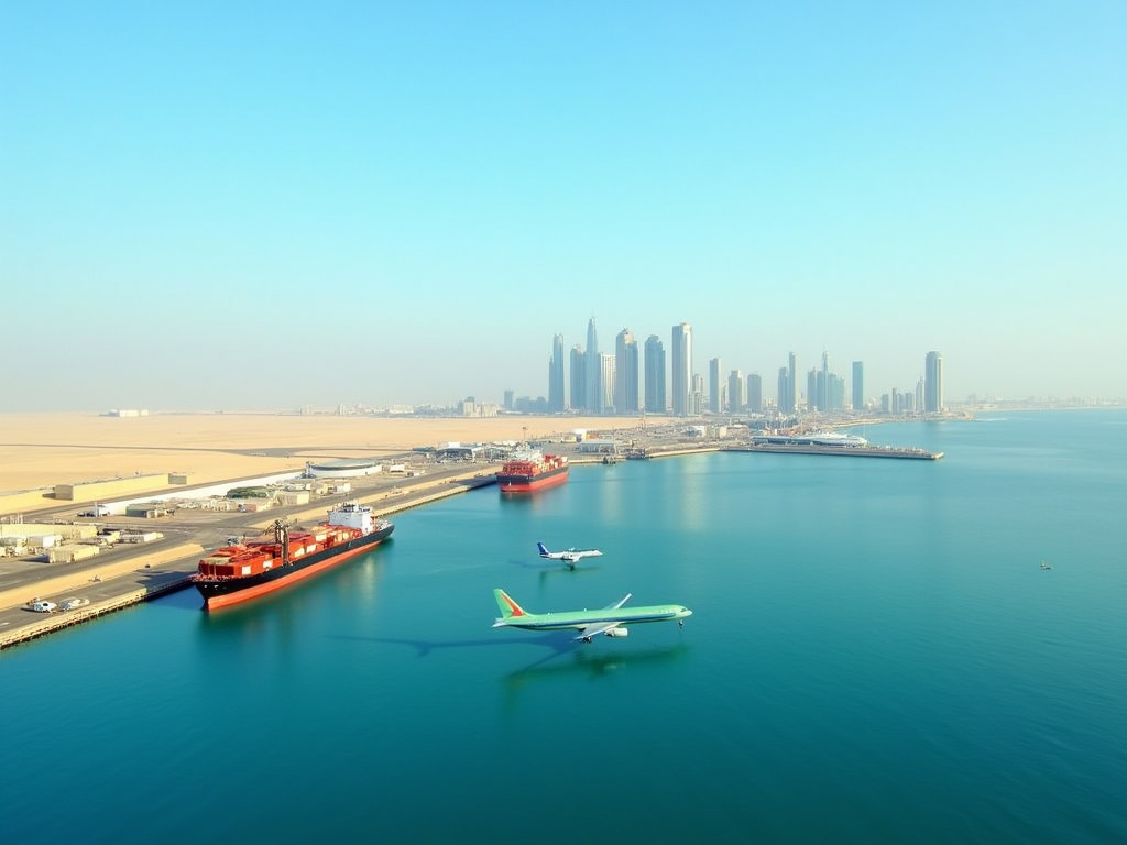 Aerial view of a busy port with cargo ships and a seaplane, against a backdrop of a modern city skyline.