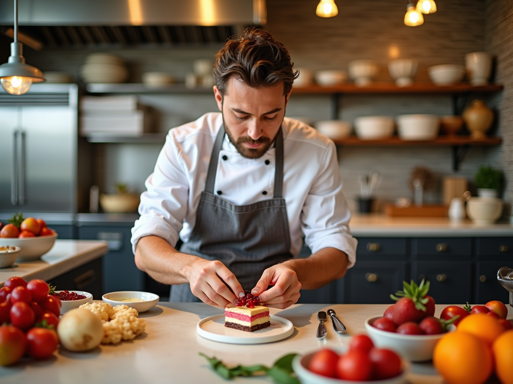 A chef decorates a layered cake with fresh berries in a bright kitchen surrounded by various fruits and ingredients.