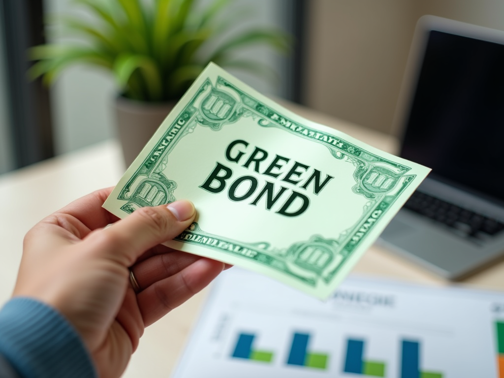 A person holds a green bond certificate labeled "GREEN BOND," with a laptop and plant in the background.