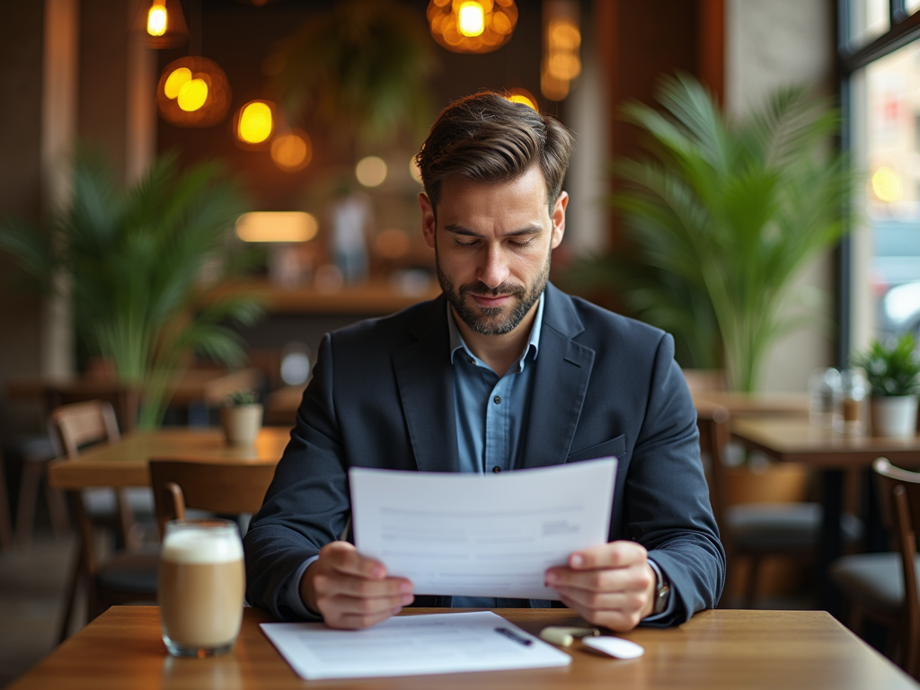 A man in a blazer reads papers at a café table, with a coffee drink beside him and plants in the background.