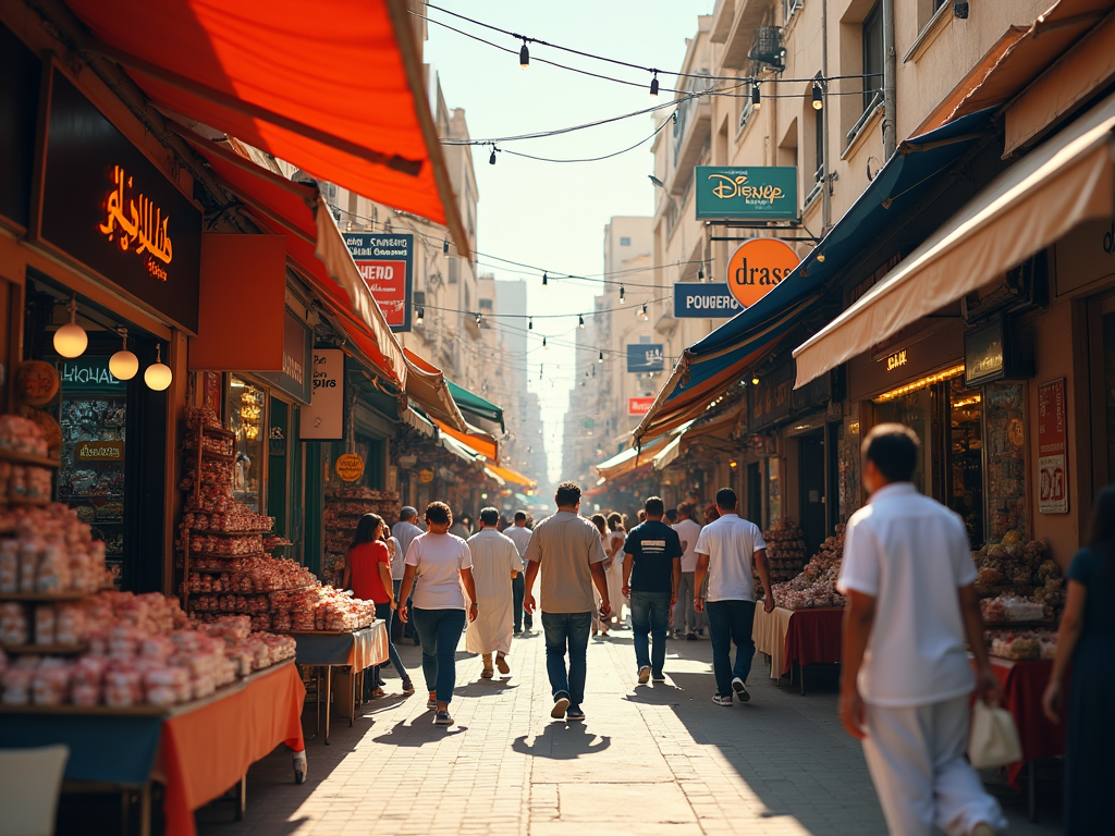 People walking through a vibrant market street lined with stalls under orange awnings.