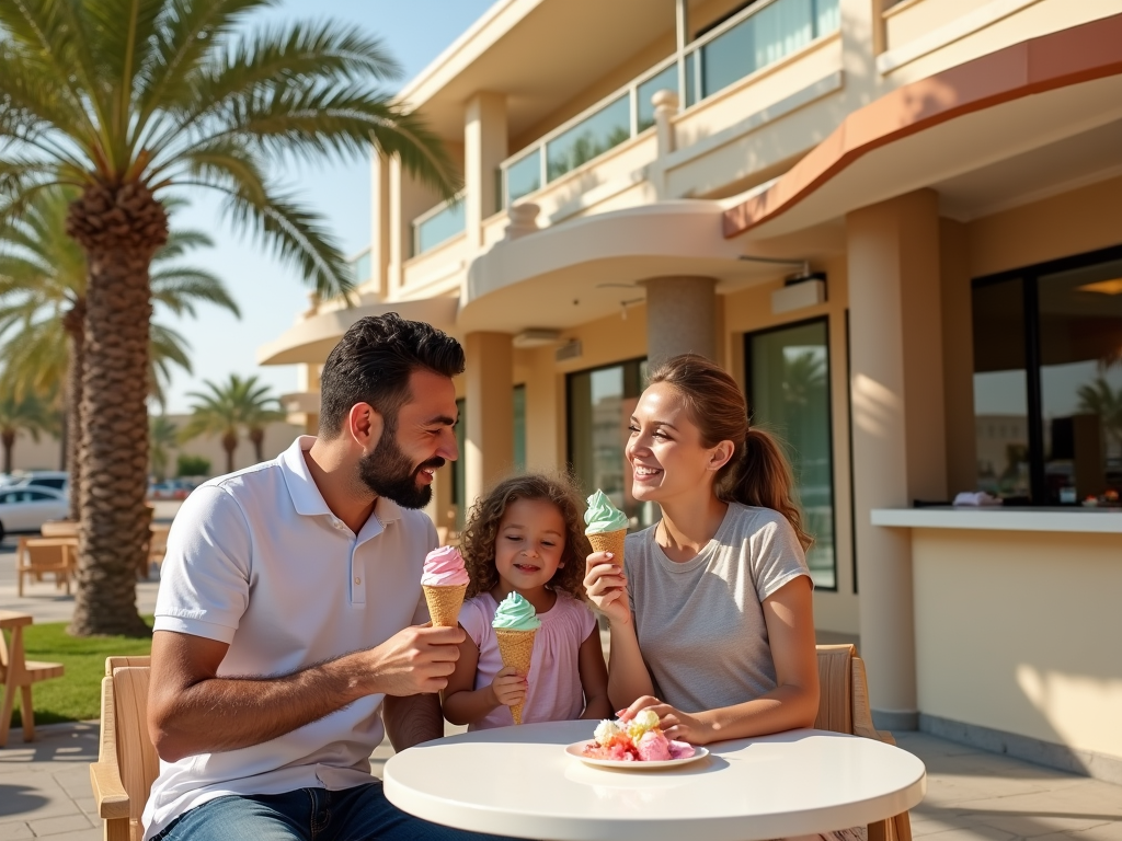 A happy family enjoys ice cream cones at a sunny outdoor café with palm trees in the background.