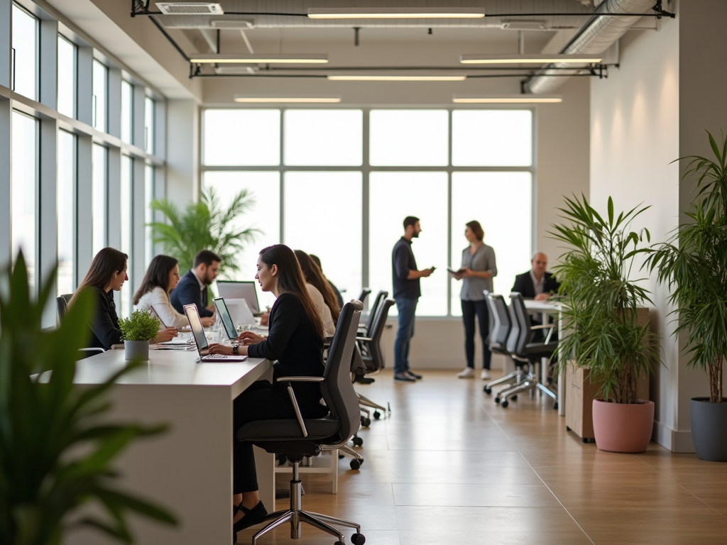 Modern office with employees working at desks and conversing by windows.