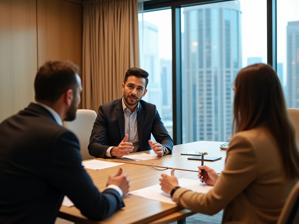 Three professionals in a business meeting, discussing over a table in an office with city views.