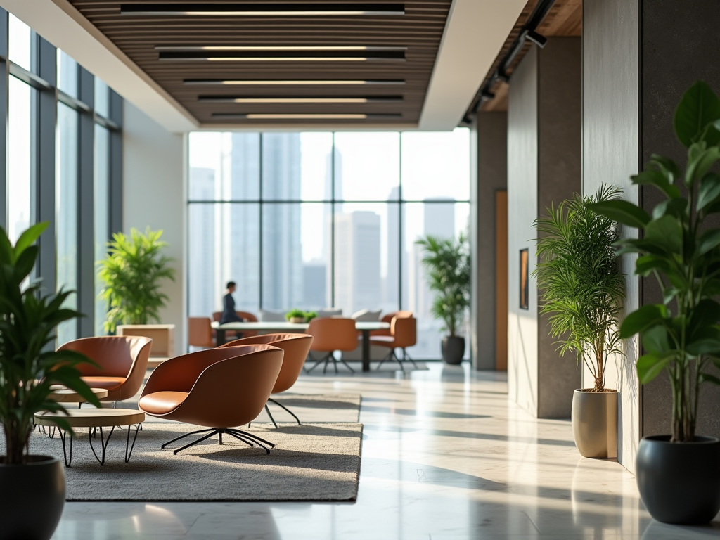 Modern office lobby with large windows, plants, and stylish seating, with a person in the background.