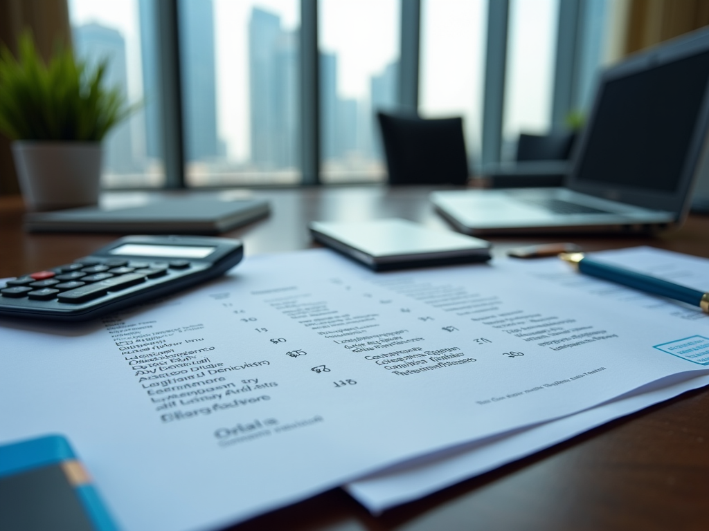 Focused view of a financial document with calculator and laptop on a desk, high-rise building backdrop.