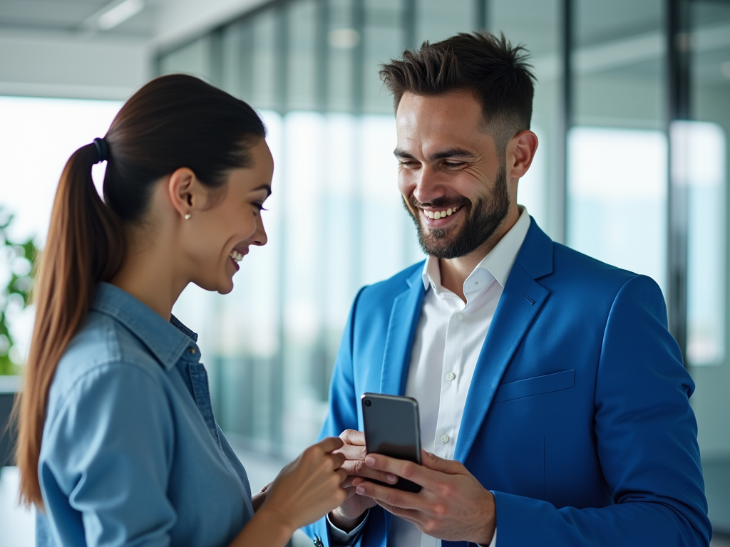 A man and woman smile at each other while looking at a smartphone in a modern office setting.