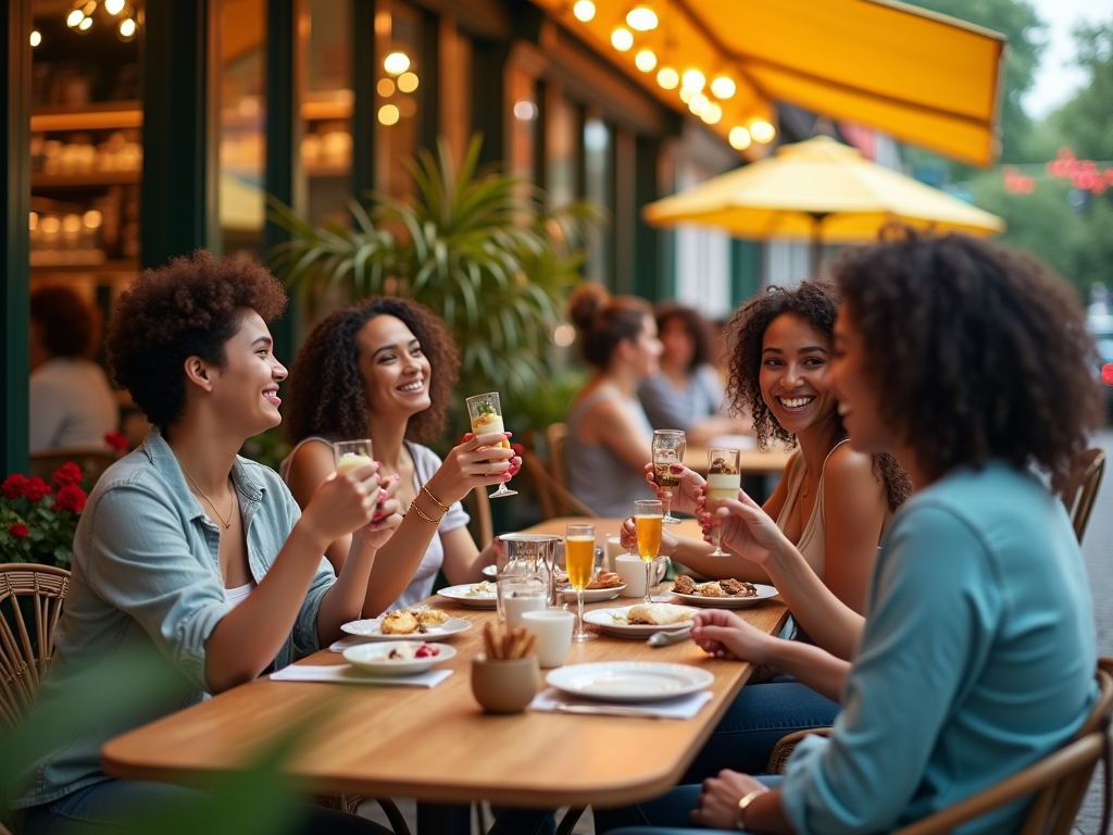 A group of four smiling women enjoy drinks and food at an outdoor café, surrounded by plants and bright umbrellas.