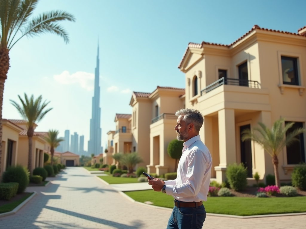 Man in business attire with smartphone, walking in a luxurious neighborhood with tall buildings in the background.