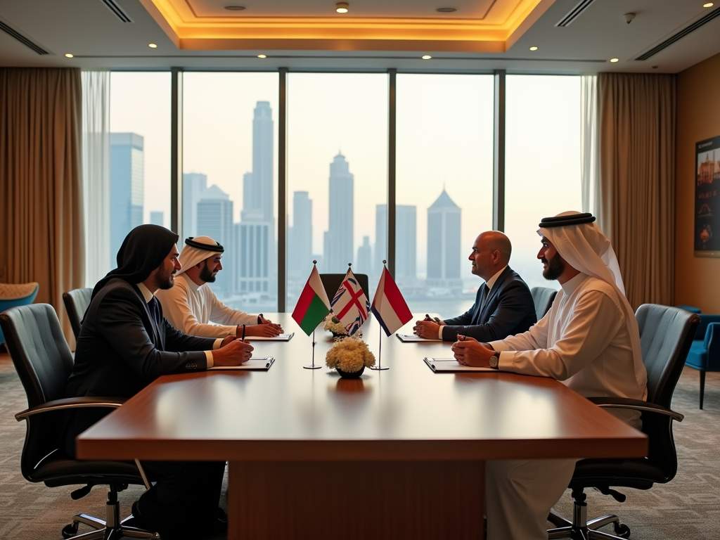 A diplomatic meeting in an office, with flags on the table and a city skyline view in the background.