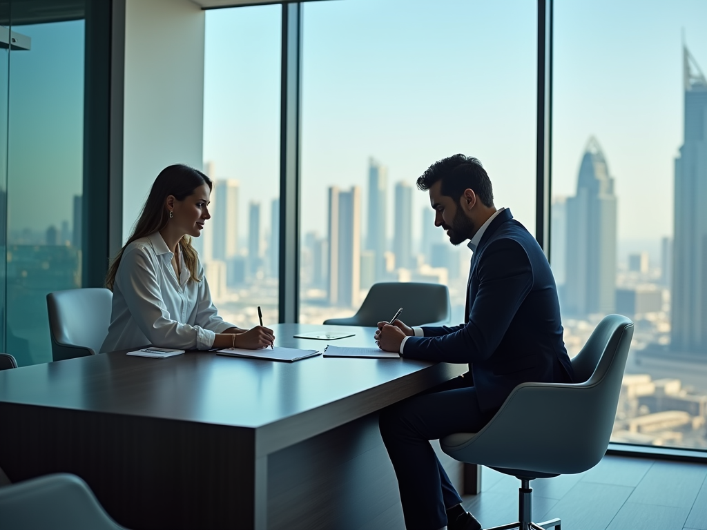 Two professionals having a meeting in a high-rise office overlooking a cityscape.